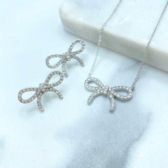 Silver Filled Ribbon Bow Stud Earrings or Necklace featuring Clear Cubic Zirconia Set