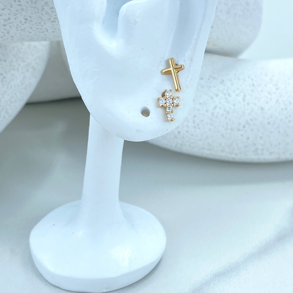 14k Solid Gold Cross Shape Stud Earrings, Polished or featuring Cubic Zirconia