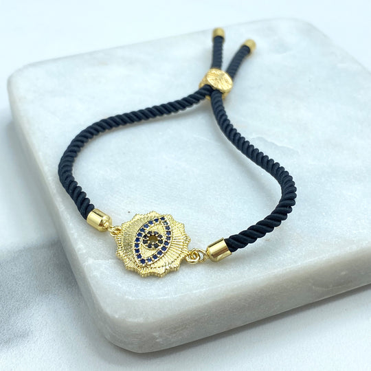 18k Gold Filled Evil Eye Bracelet, String Braided Adjustable Rope Bracelet with CZ Evil Eye Charm, Protection against the Evil