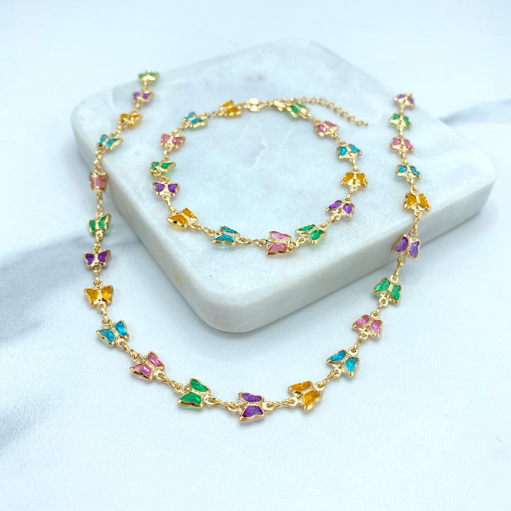 18k Gold Filled Multi Colored Crystal Linked Butterflies Necklace or Bracelet SET