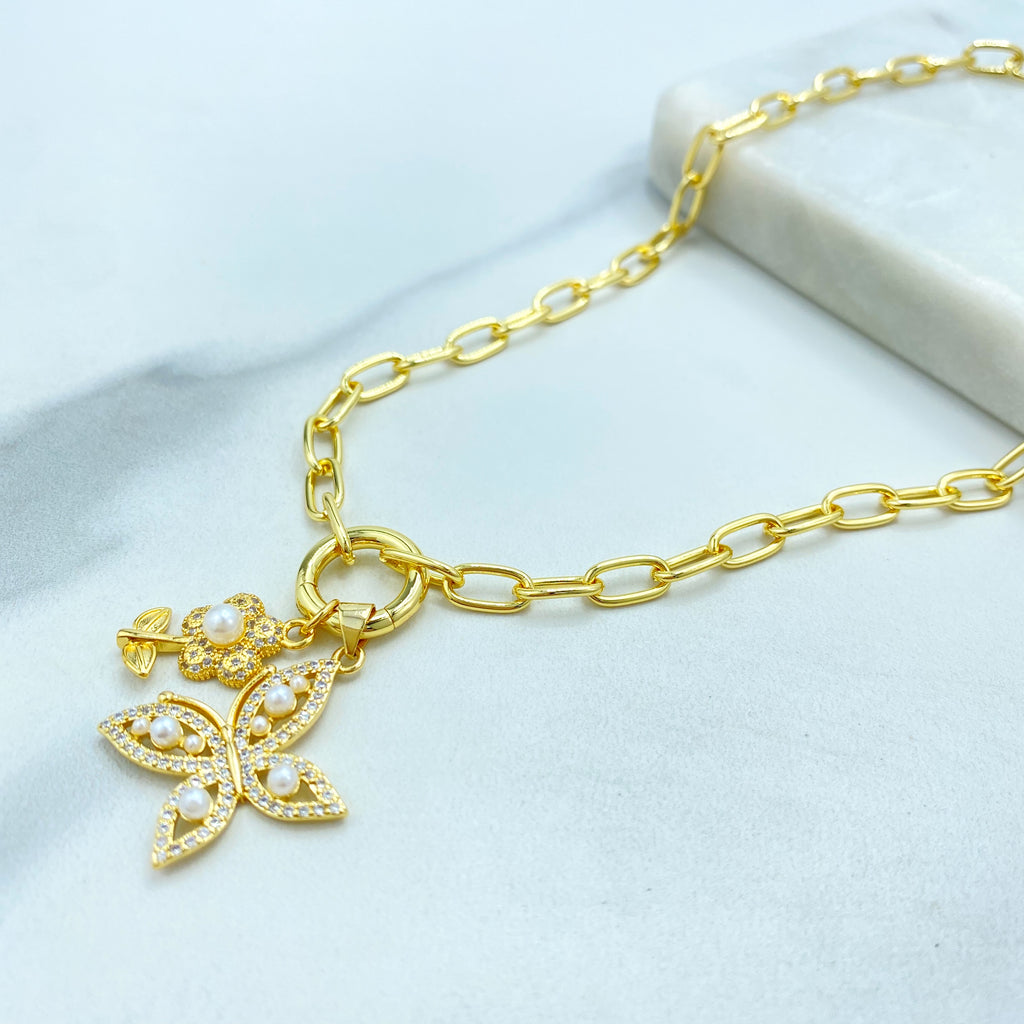 18k Gold Filled Necklace, Paperclip Chain with CZ & Pearl Flower Butterfly Charms Necklace, 16" + Extender