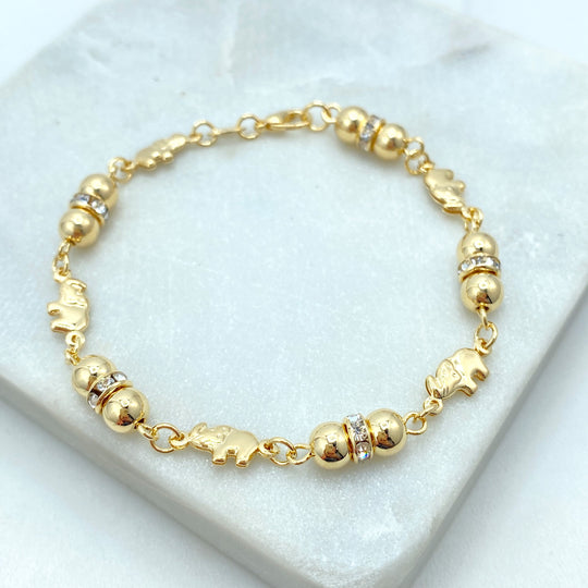 18k Gold Filled Puff Elephant Charms Bracelet, Linked with Gold Balls and CZ Details, Fine Luck Bracelet