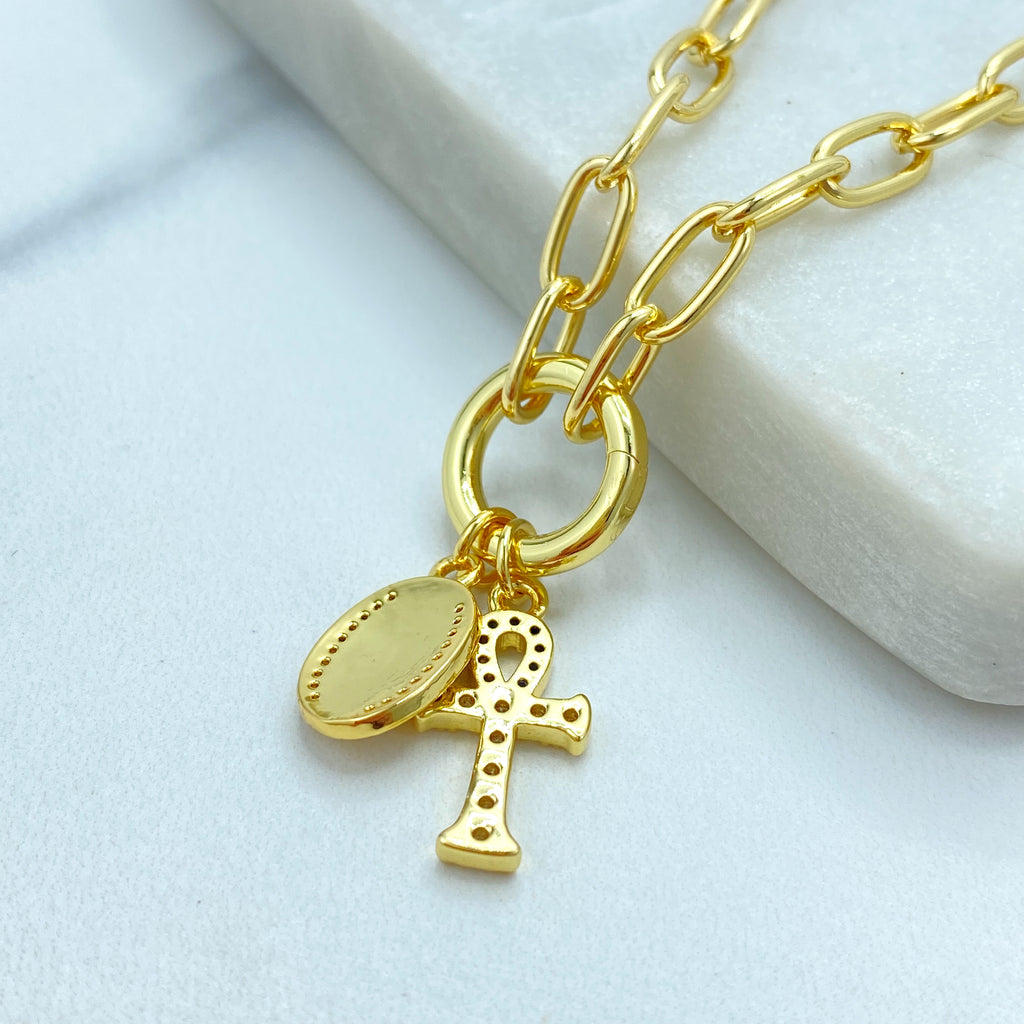 18k Gold Filled Necklace, Paperclip Chain with CZ Ankh Cross & Guadalupe Medal, Faith Religious Jewelry, 16"  + Extender