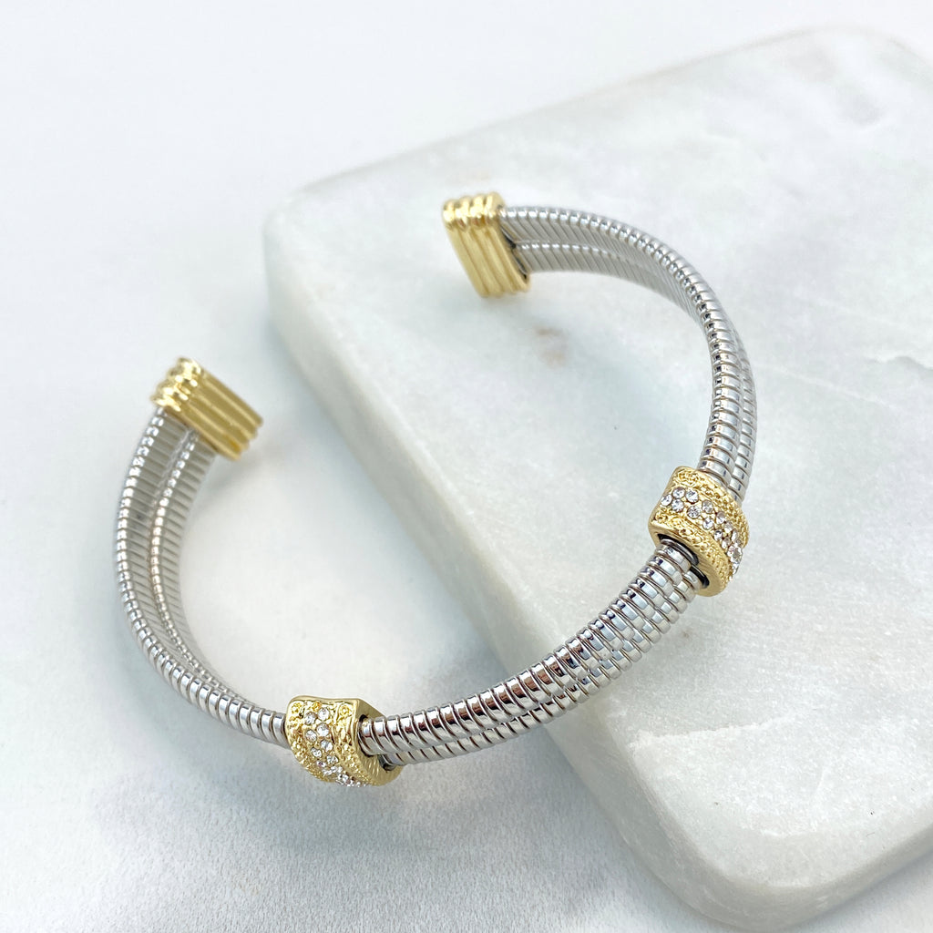 18k Gold Filled and Silver Filled Cable Cuff Bracelets, Lines, CZ Large Charms, Double CZ Charm