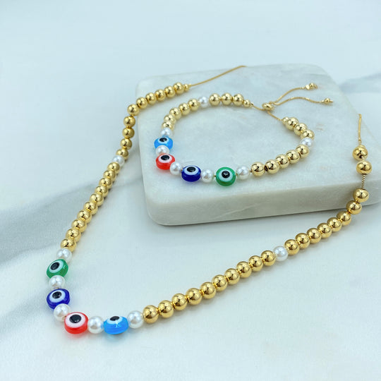 18k Gold Filled Multicolor Evil Eyes, Pearls & Gold Beads Necklace or, Adjustable Bracelet, or Anklet