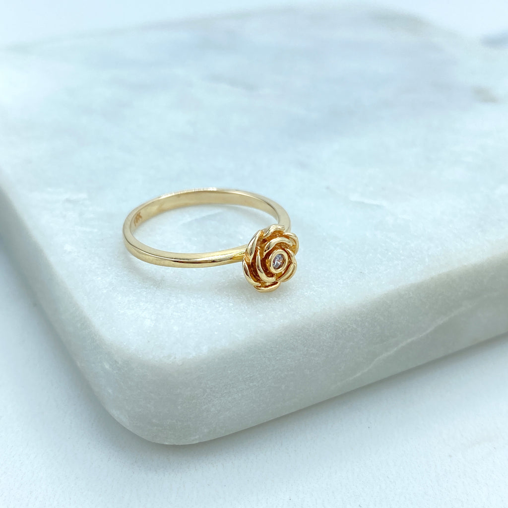 14k Solid Gold Minimalist Floral Ring, 14k Solid Gold Rose Ring featuring Cubic Zirconia