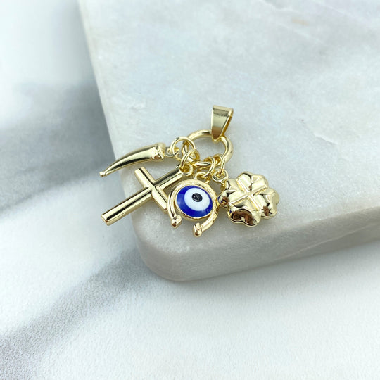 18k Gold Filled Amulet with Chili Pepper, Cross, Evil Eye, Horseshoe, Clover Charms, Protection against the Evil Eye Charm