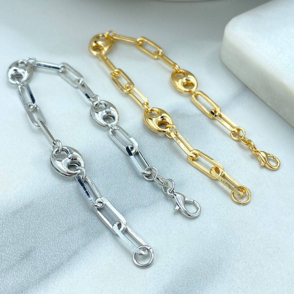 18k Gold Filled or Silver Filled 9mm Puff Mariner Link with 5mm Paperclip Link Bracelet.