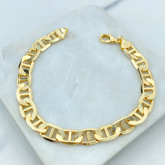 18k Gold Filled 9mm Polished Mariner Link Chain Bracelet, Chunky Mariner Link Chain Bracelet, Unisex Bracelet