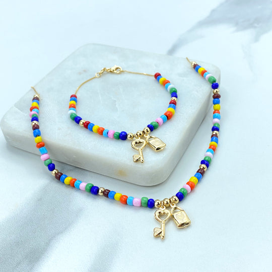 18K Gold-Filled Multicolored Beaded Bracelet or Necklace Set with Key & Heart Padlock Charms, Colorful Beaded Bracelet or Necklace