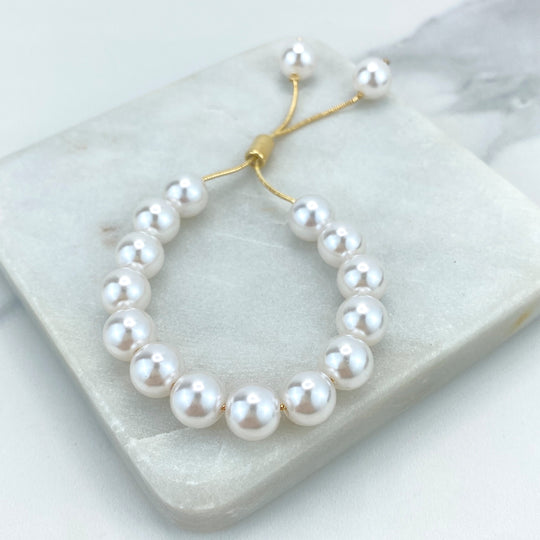 18k Gold Filled Adjustable Pearl Beaded Bracelet, 10mm Simulated Pearls Beads Adjustable Bracelet