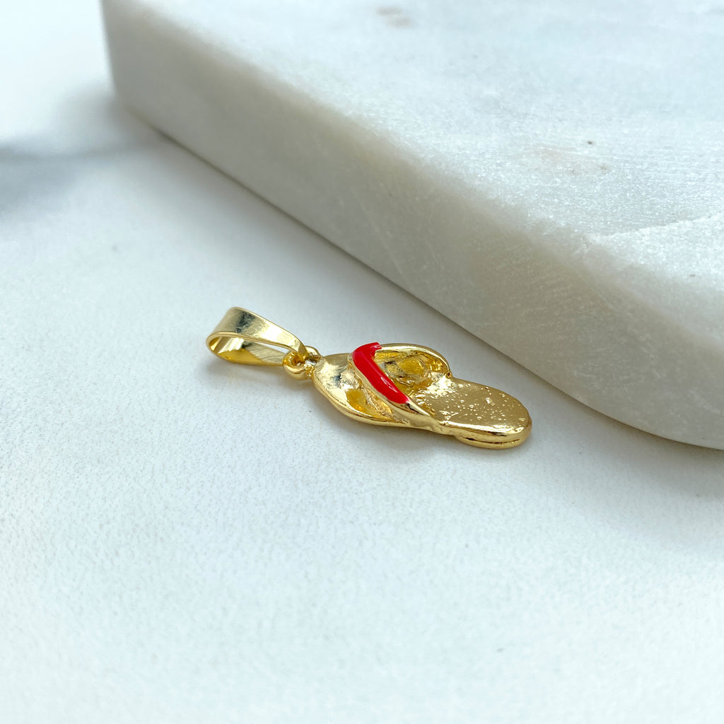 18k Gold Filled 3d Flip Flops Charm with Red Enamel, Summer Charm, Petite Red Sandal Pendant