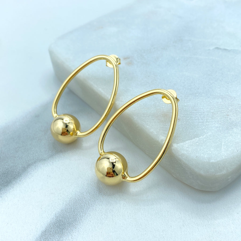 18K Gold Filled Oval Hoop Earrings Style with 12mm Gold Bead, Minimalist Hoop Earrings, Stud Ball Hoop, Fine Jewelry