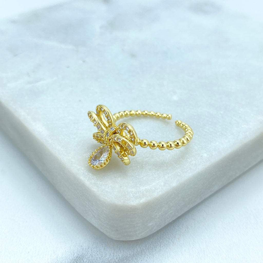 18k Gold Filled Ribbon Bow Ring featuring Micro CZ | Adjustable Ring