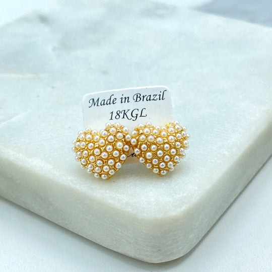 18k Gold Filled Heart Stud Earrings with Mini Simulated Pearls, Heart Stud Design with Mini Pearls, Elegant
