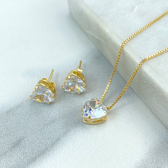 18k Gold Filled Solitaire Heart CZ Necklace and Stud Earrings Set, Heart Shape Cz Jewelry Set
