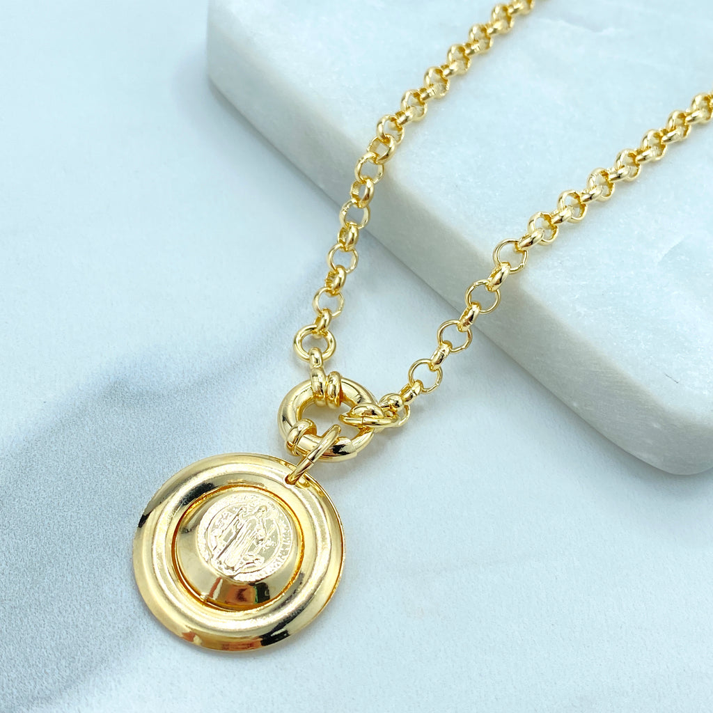 18k Gold Filled 4mm Rolo Chain with Saint Benedict Medal Necklace, San Benito Coin Necklace with front Spring Ring Clasp