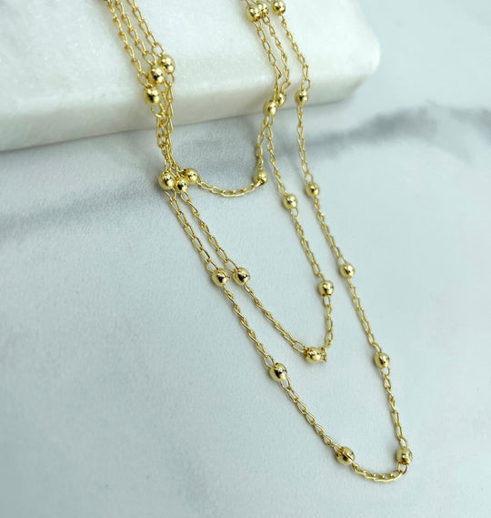 18k Gold Filled 03 Layers Drop Necklaces, Satellite Link Chain Style, Classic Jewelry