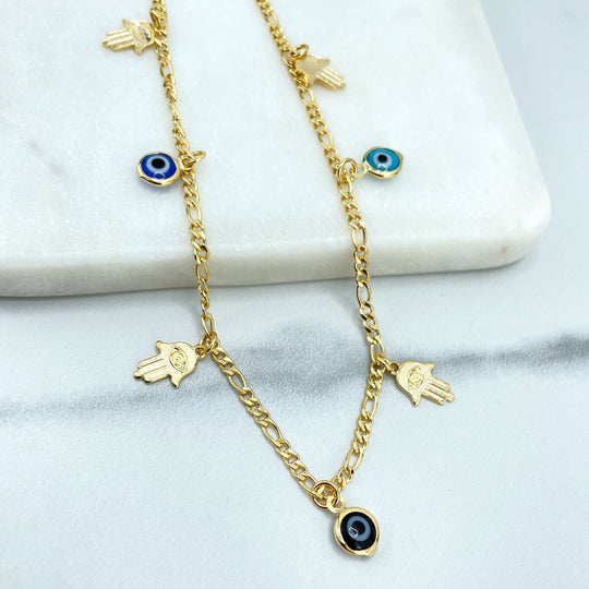 18k Gold Filled Anklet, 2mm Figaro Chain with Dangle Blue Evil Eyes and Hamsa Hands