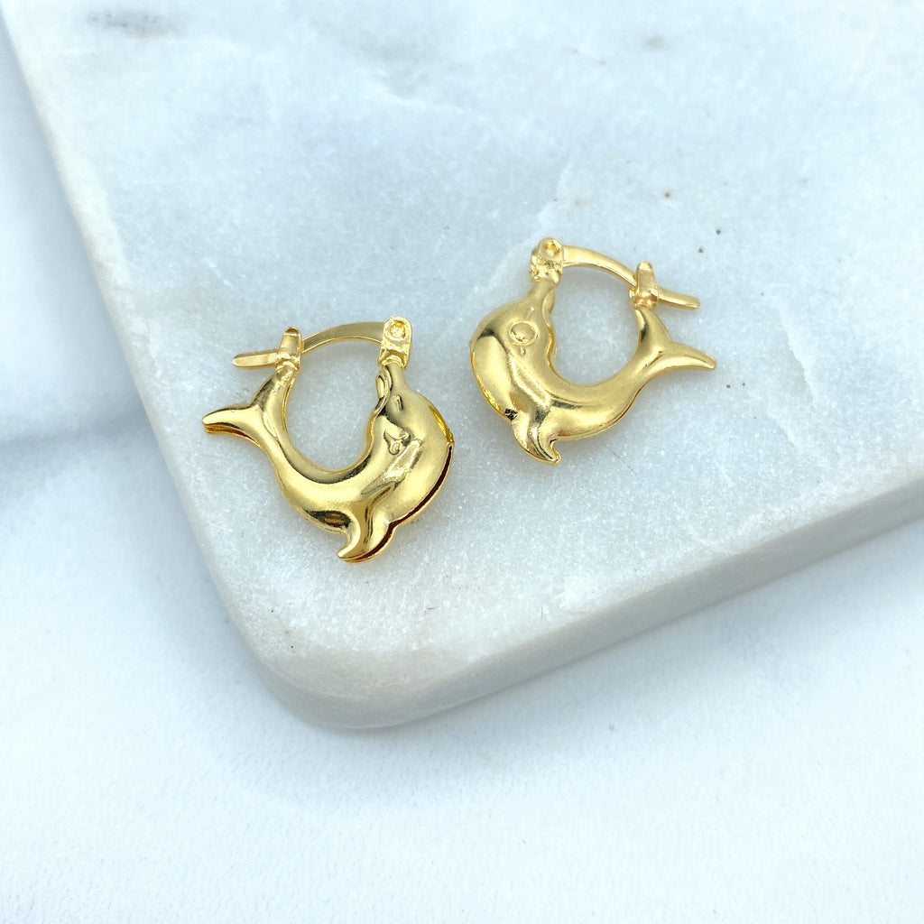 18k Gold Filled Puffed Dolphin Earrings, Dolphin Hoop Earrings