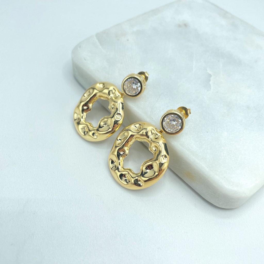 18k Gold Filled Liquid Texturized Circle Dangle & Drop Earrings with CZ Push Back, Hammered