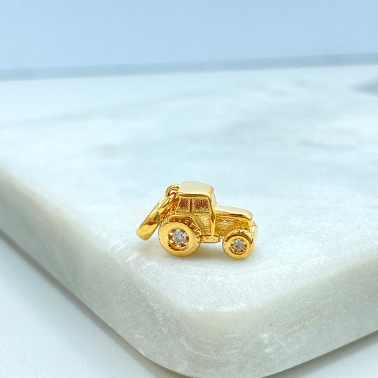 18k Gold Filled Vintage Tractor Charm, Farmer Farm Charm, Tractor Charm with Micro CZ