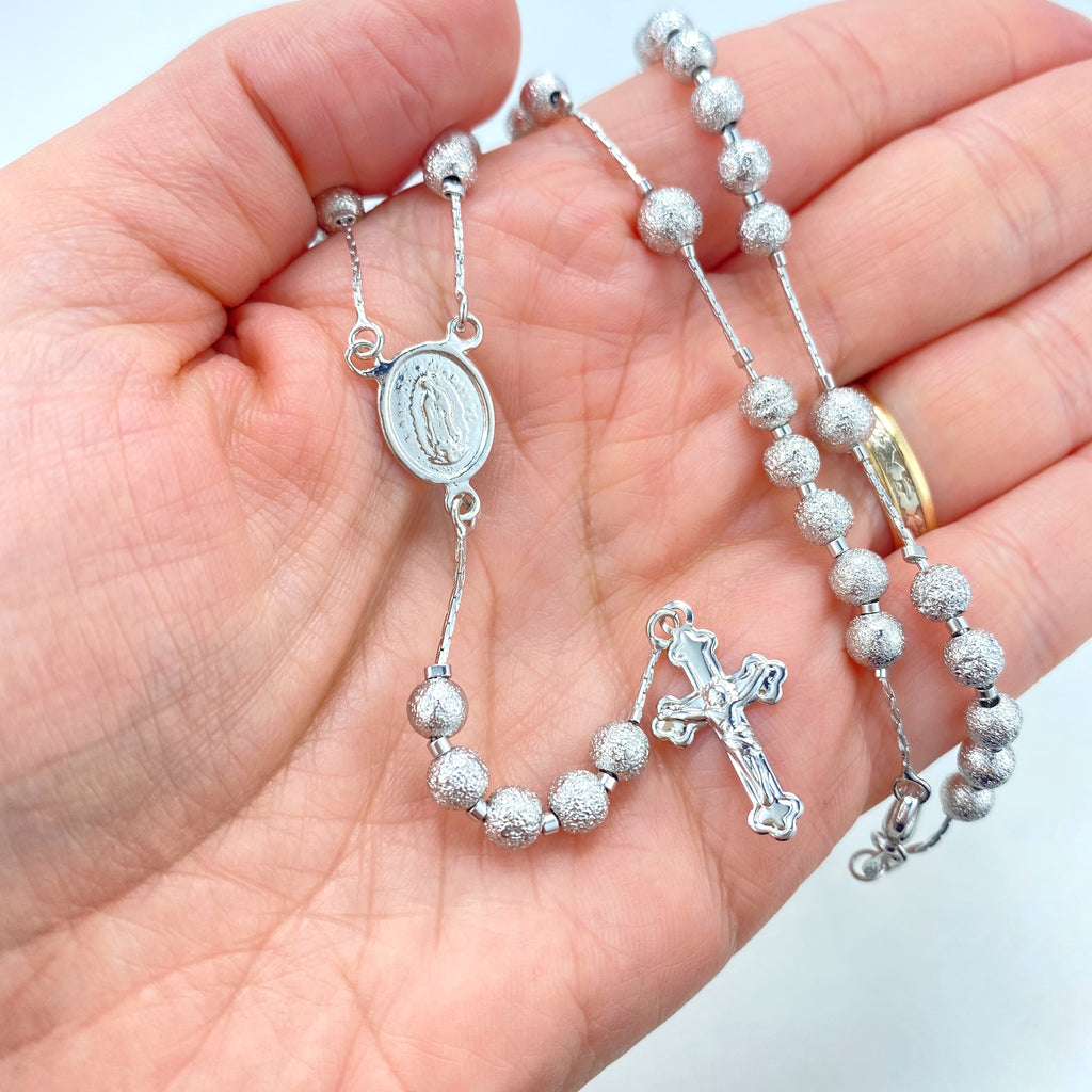 Silver Filled Our Lady of Guadalupe Beaded Rosary, Textured Beads Rosary Virgen de Guadalupe Charm & Jesus on the Cross