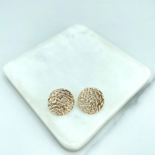 18k Gold Filled Round Hammered Coin Disc Stud Earrings, Texturized Geometric Earrings