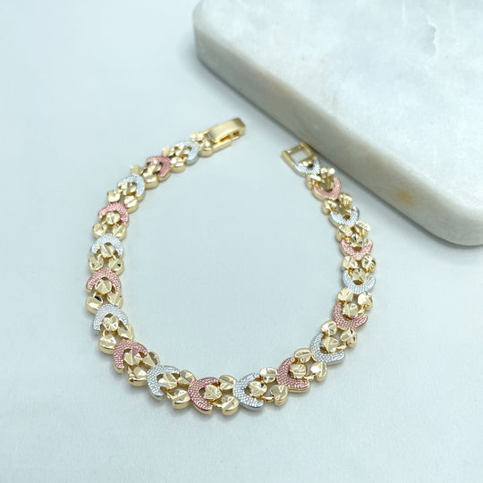18k Gold Filled Tri-Tone Moon & Hearts Bracelet with Cutout Square Linked Shape Chain