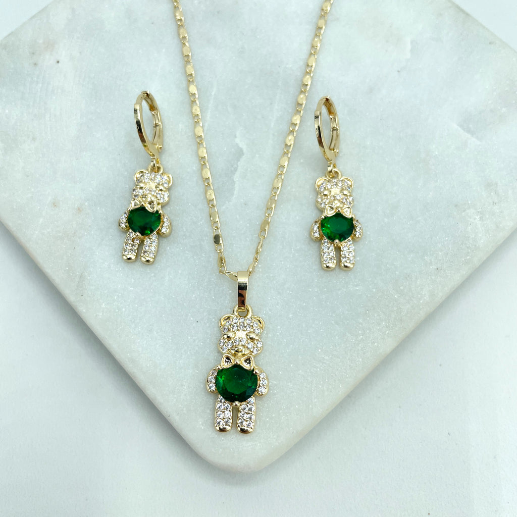 18k Gold Filled Micro CZ Teddy Bear Necklace & Huggie Earrings Set | Clear, Green, Black