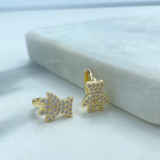 18k Gold Filled Micro CZ Shaped Teddy Bear Charm Hoop Earrings, Teddy Bear Minimalist Earrings
