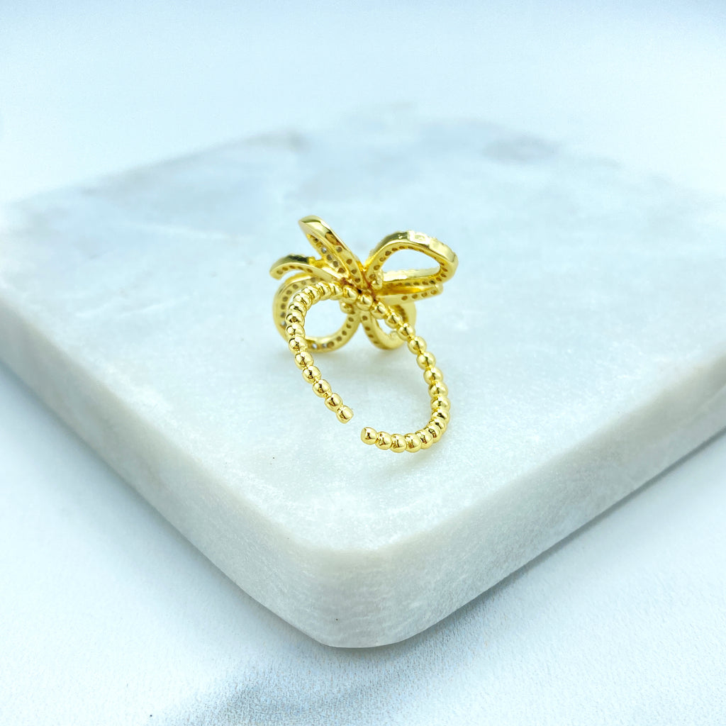 18k Gold Filled 3D Ribbon Bow Ring featuring Micro CZ | Adjustable Ring