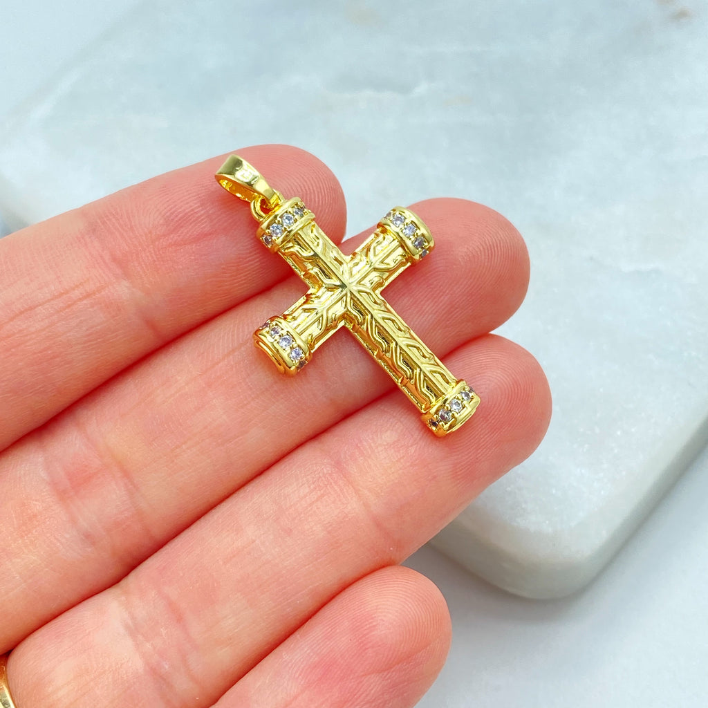 18k Gold Filled Textured Cross Pendant, CZ Accent Religious Charm, Statement Faith Jewelry, CZ Cross Pendant