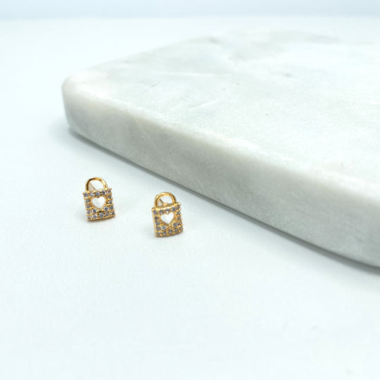 18k Gold Filled Clear Micro CZ Petite Lock Shape with Cutout Heart Stud Earrings