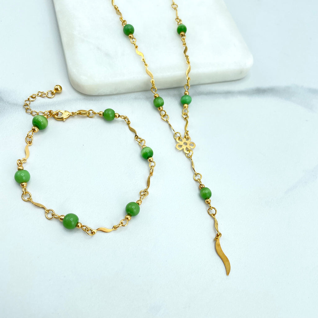 18k Gold Filled Affordable Set with Green Beads Linked with Specialty Link Chain