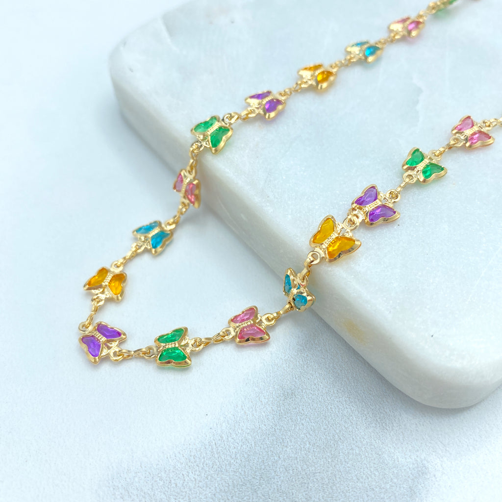 18k Gold Filled Multi Colored Crystal Linked Butterflies Necklace or Bracelet SET