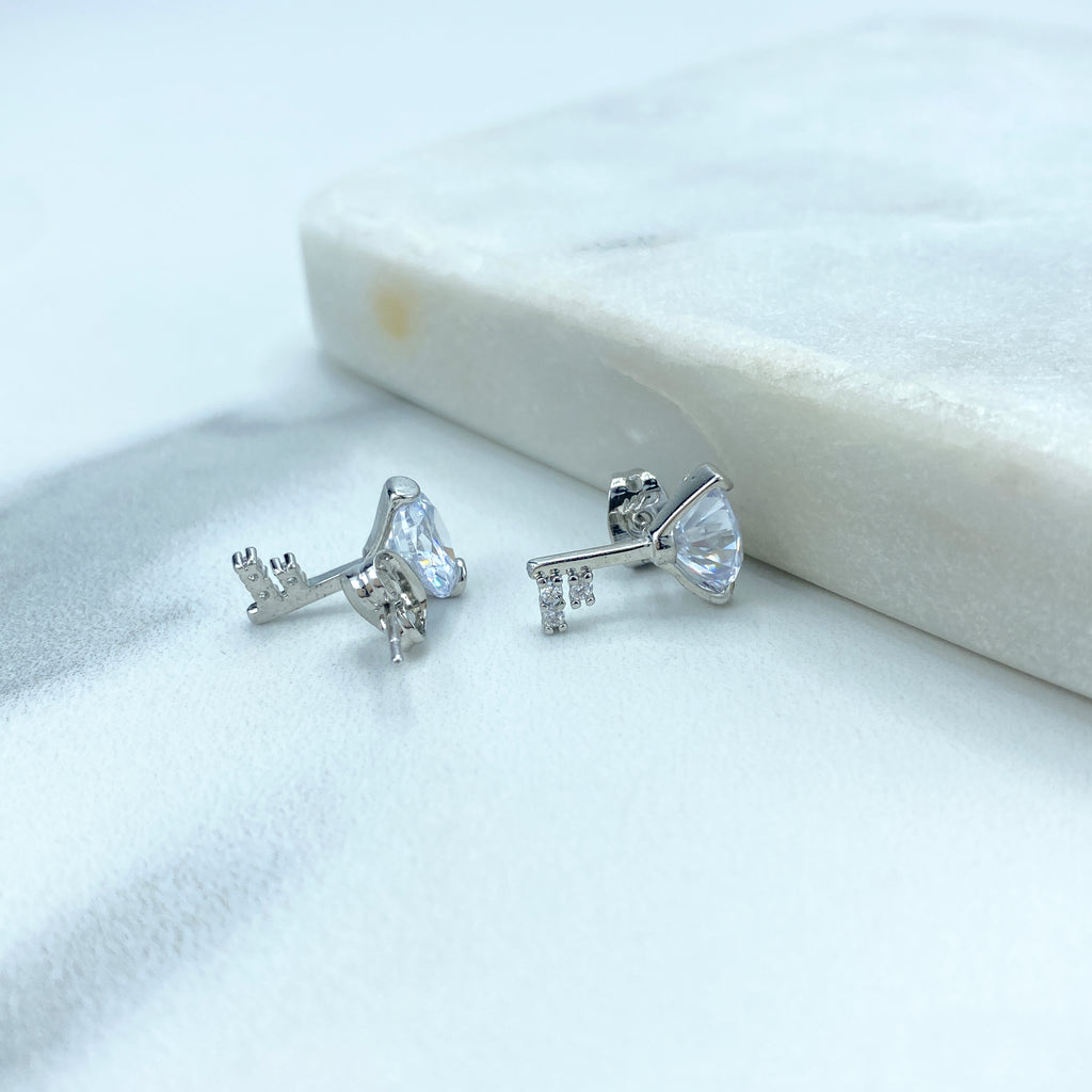 Silver Filled Key Shape Stud Earrings with Round Clear Solitaire Zirconia Top and Micro CZ