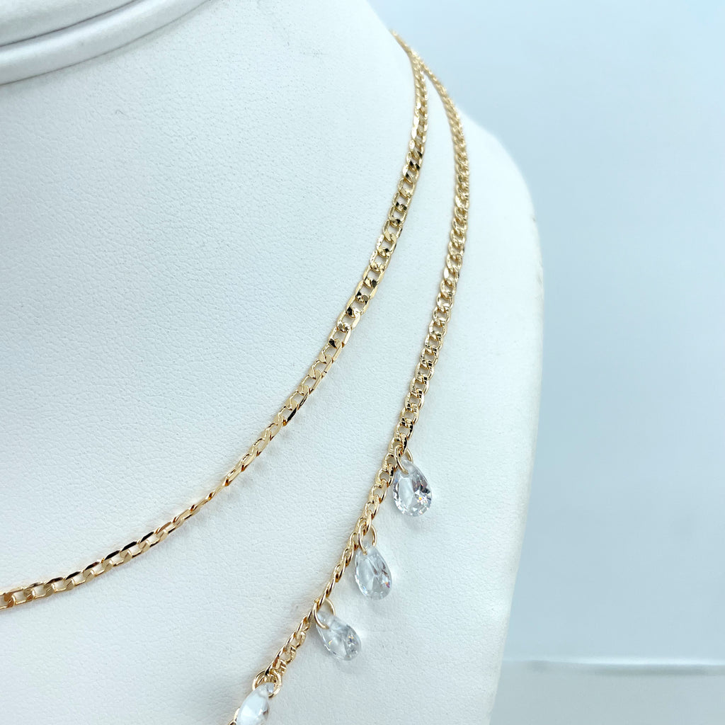 18k Gold Filled 02 Necklaces, 2mm Curb Link & Curb Link with Clear Tear Drop Zirconias