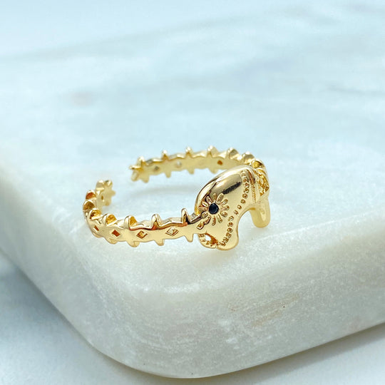 18k Gold Filled Good Lucky Elephant Adjustable Ring, Black CZ Detail Indian Elephant Ring, Elephant Lucky Rings for Women