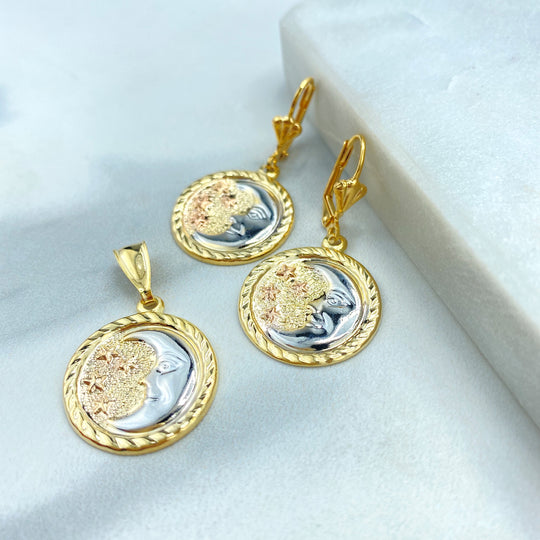 18k Gold Filled Three Tone Medal Moon and Stars Dangle Earrings and Charm, Celestial Elegance Earrings and Charm