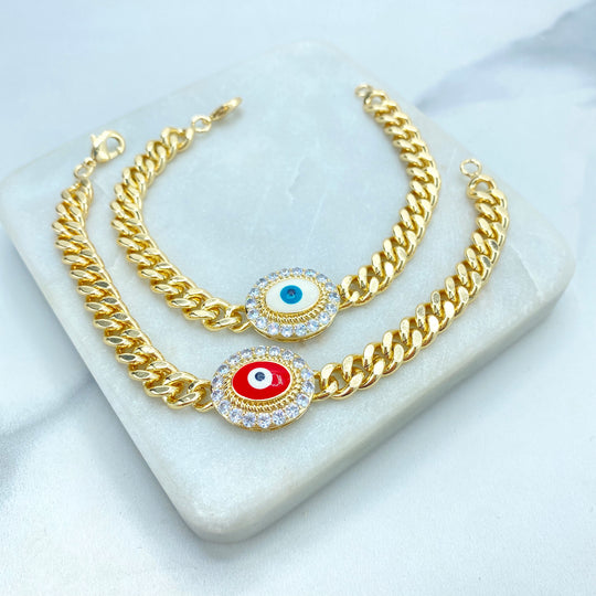 18k Gold Filled 7mm Curb Link Bracelet with Evil Eye Charm, Red or Blue Color, Protection against the Evil Eye Bracelet