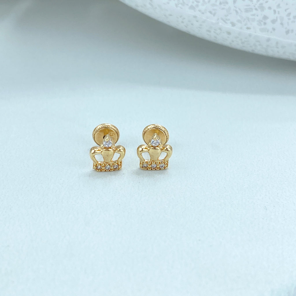 14k Solid Gold Crown Stud Earrings, Gold Crown or featuring Cubic Zirconia Crown