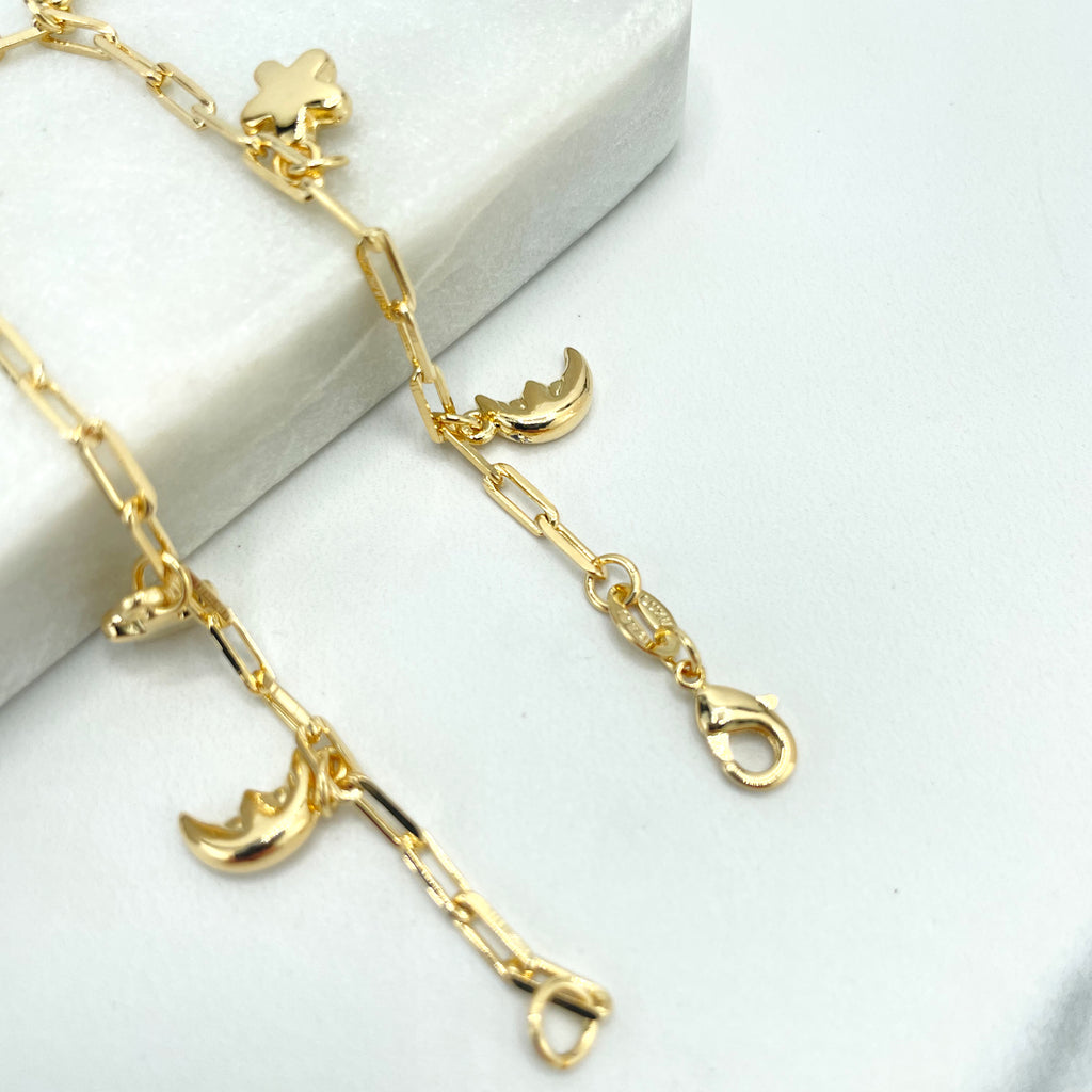 18k Gold Filled 3mm Paperclip Chain Link with Dangle Puffed Moon & Star Charms Bracelet
