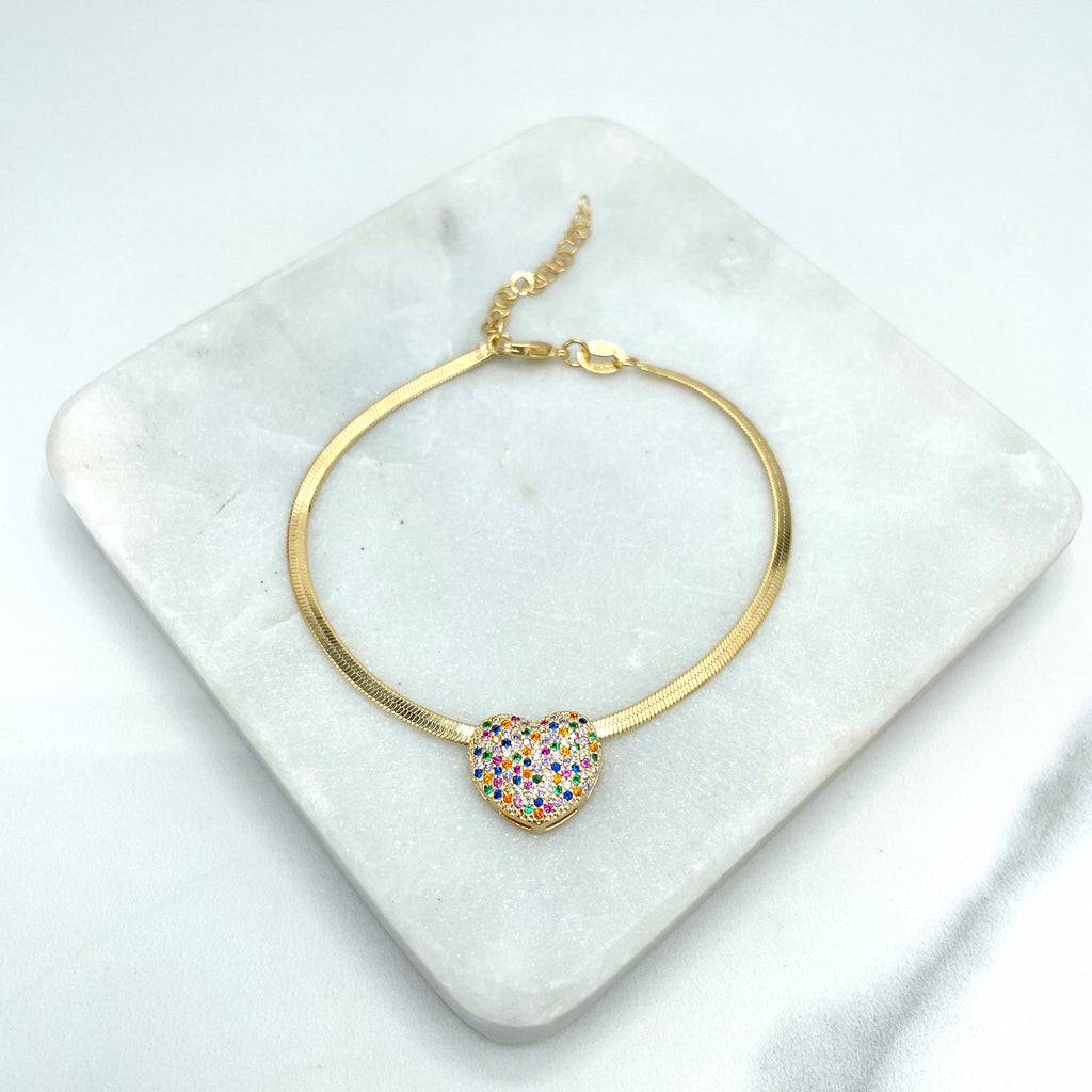 18k Gold Filled 2mm Snake Chain Necklace or Bracelet with Clear or MultiColor Micro CZ