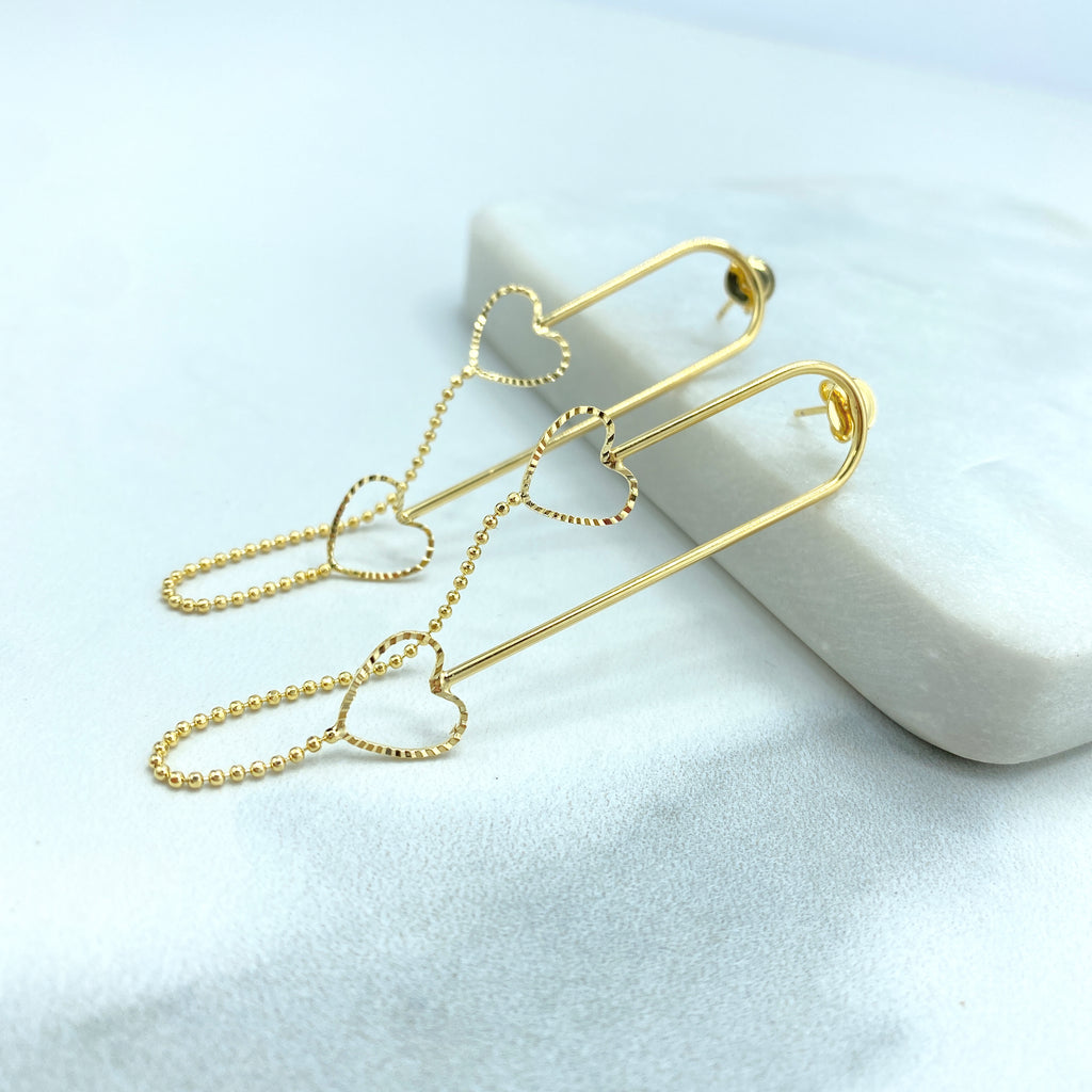 18k Gold Filled Paper Clip Pin Shaped Stud Earrings, Pin Earrings with Dangle Double Hearts