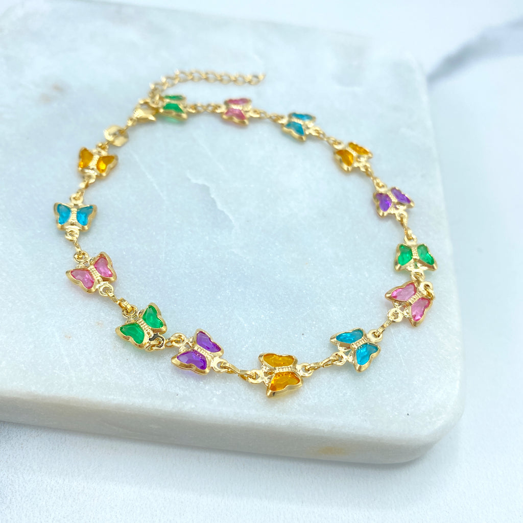 18k Gold Filled Multi Colored Crystal Linked Butterflies Necklace or Bracelet SET