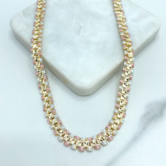 18k Gold Filled Tri-Tone Texturized Squares Linked Chain Necklace