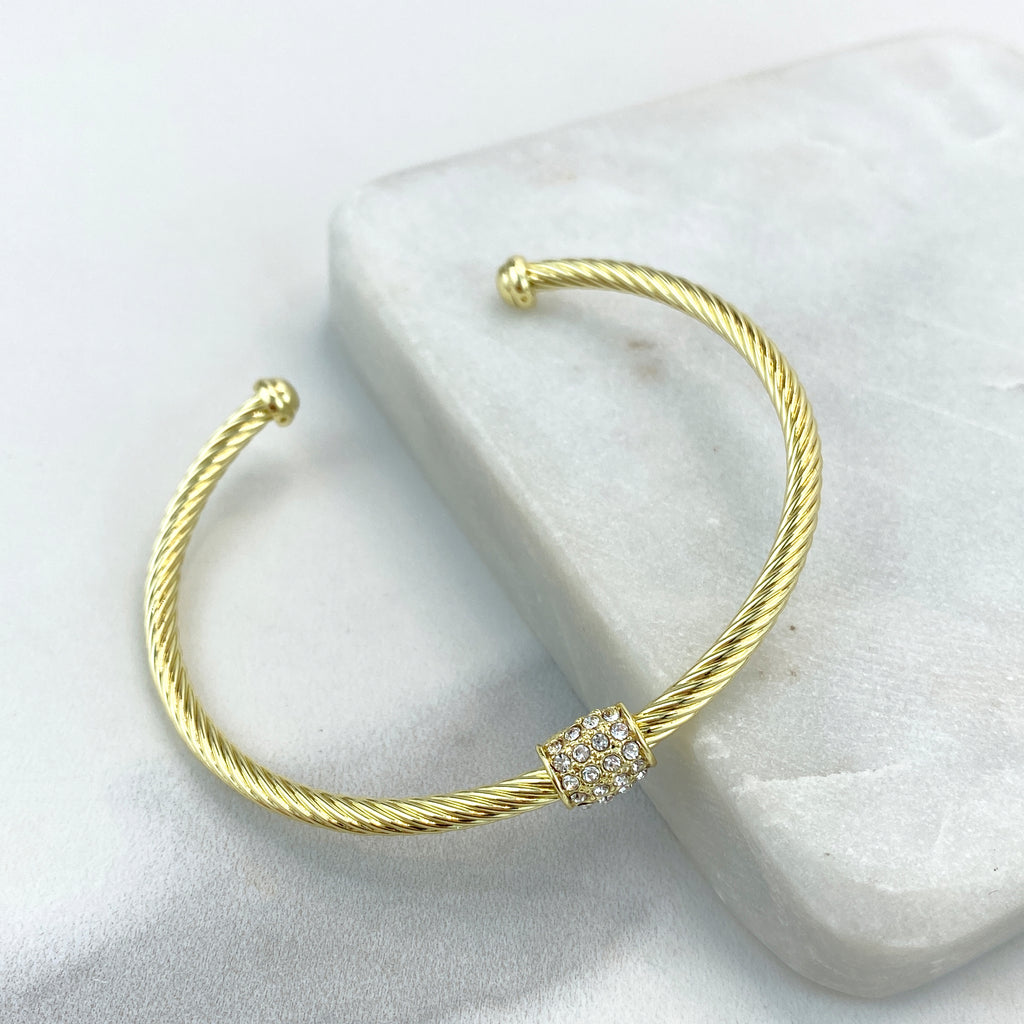 18k Gold Filled or Silver Filled Cable Cuff Bracelets with Charm featuring Micro Pave CZ Adjustable Bracelet