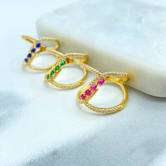 18k Gold Filled Crossover Ring with Clear Micro CZ, Front Blue, Green or Pink CZ Color, Overlapping CZ Ring