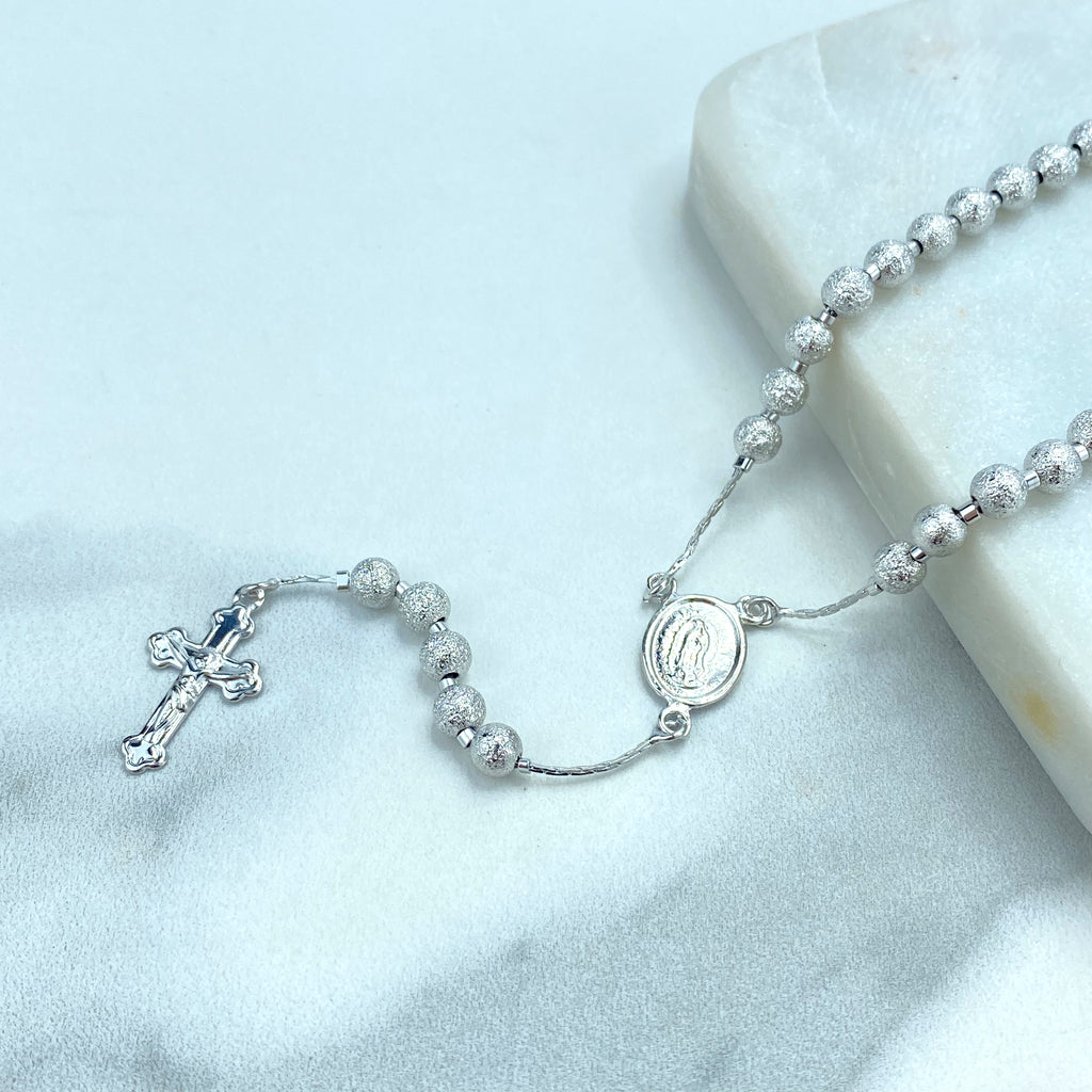 Silver Filled Our Lady of Guadalupe Beaded Rosary, Textured Beads Rosary Virgen de Guadalupe Charm & Jesus on the Cross